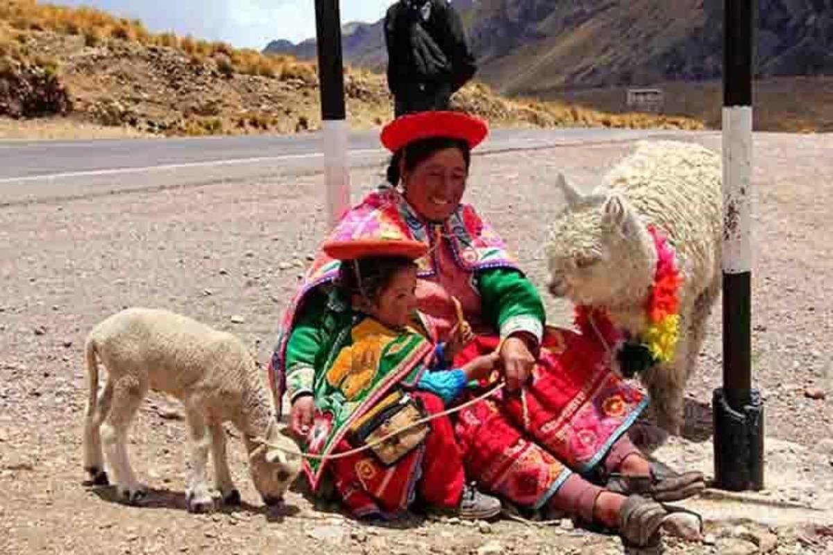 two women and two baby sheep on the side of the road