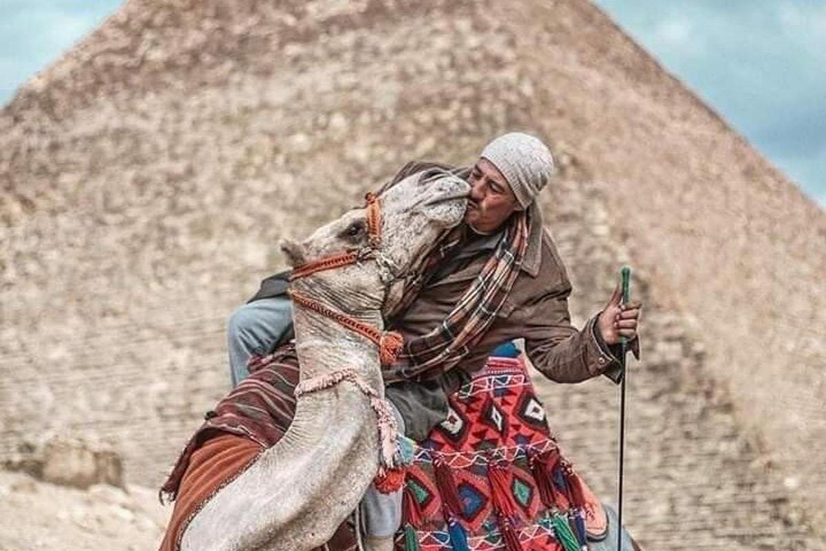 uma mulher em frente a uma pirâmide com um camelo