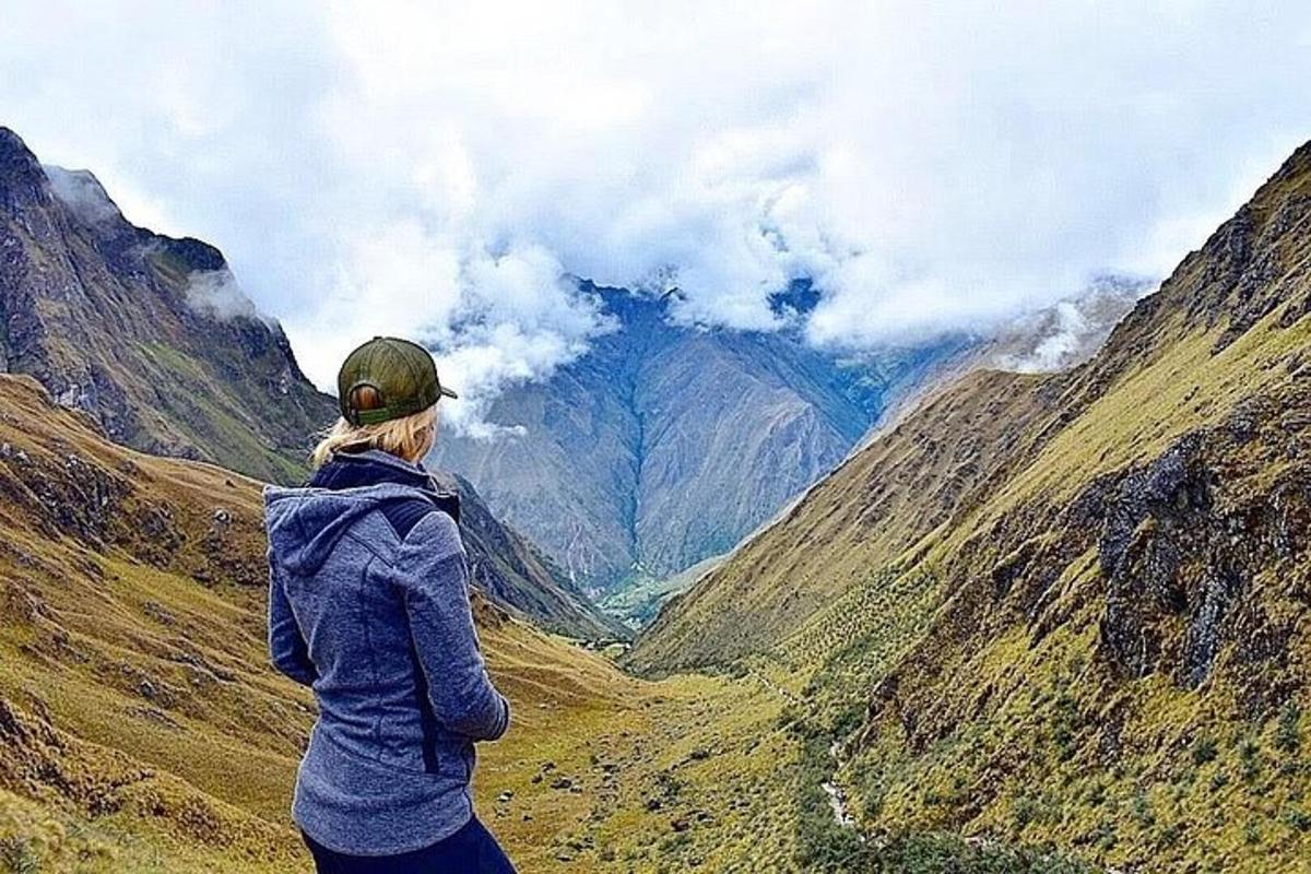 una donna in piedi su una montagna che guarda una valle