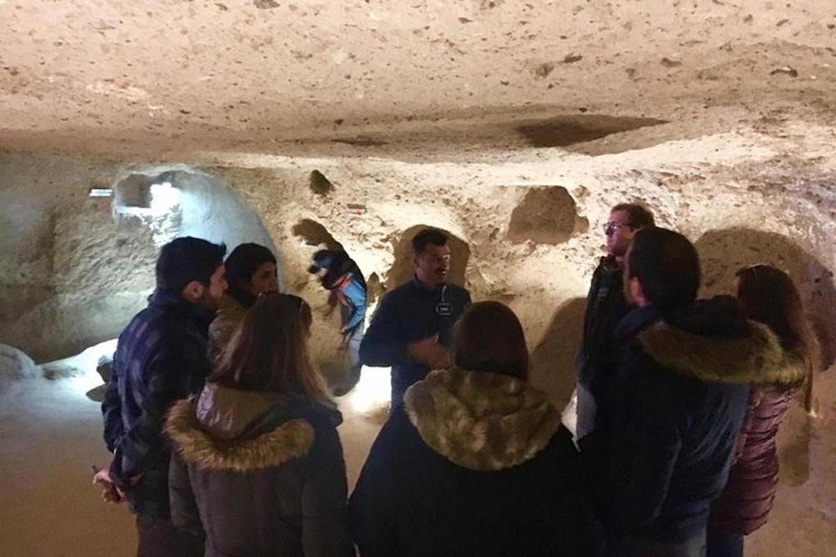 a group of people looking at a polar bear in a cave