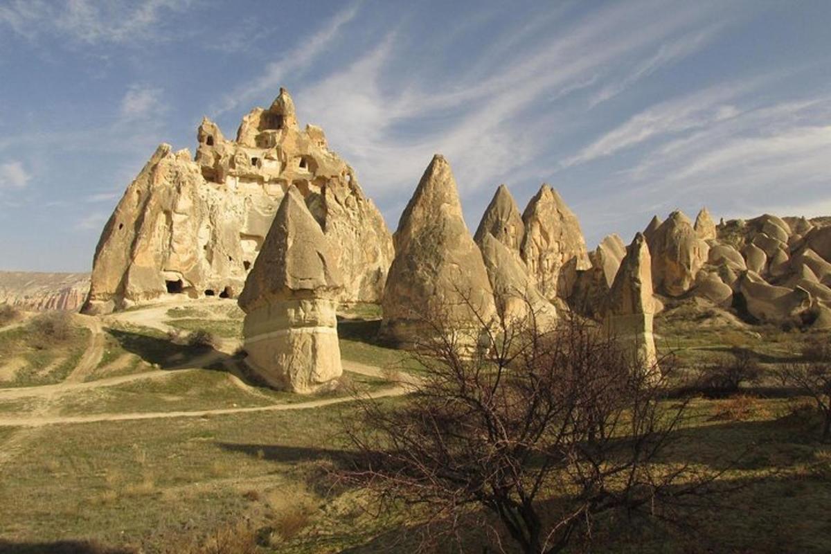 a group of large rocks in a field with a castle