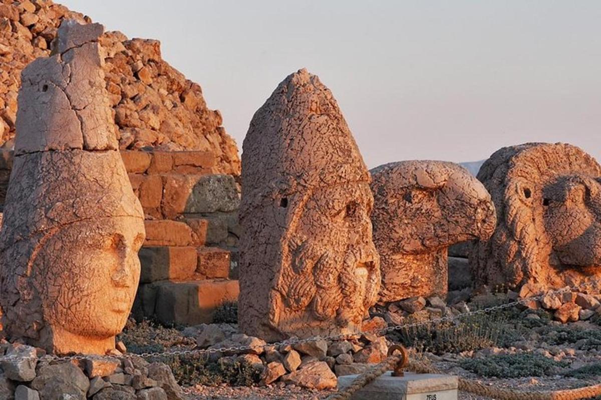 a group of statues of heads in a field