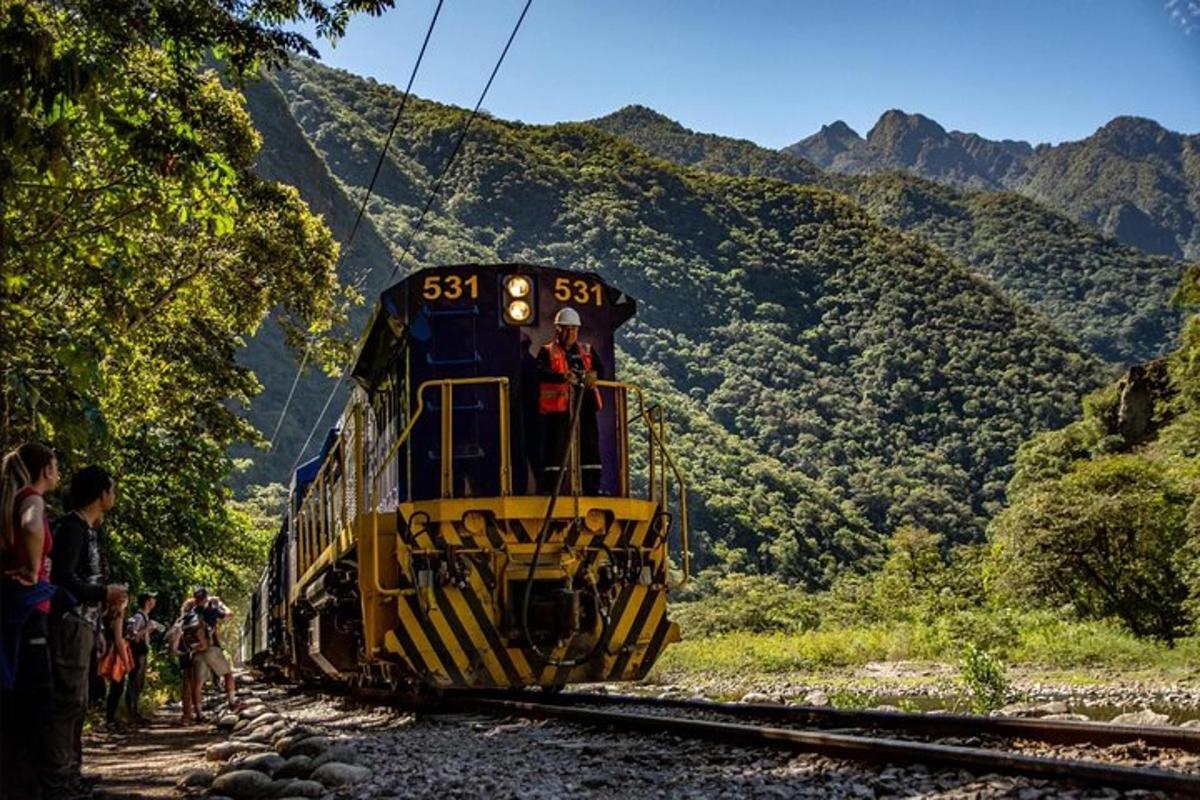 ένα κίτρινο τρένο που ταξιδεύει στις γραμμές με ανθρώπους όρθιους