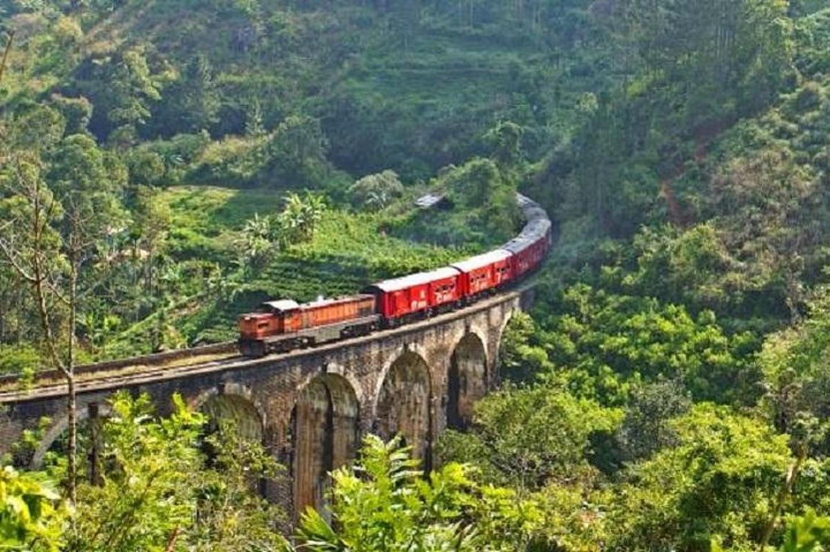 a train on a bridge over a mountain