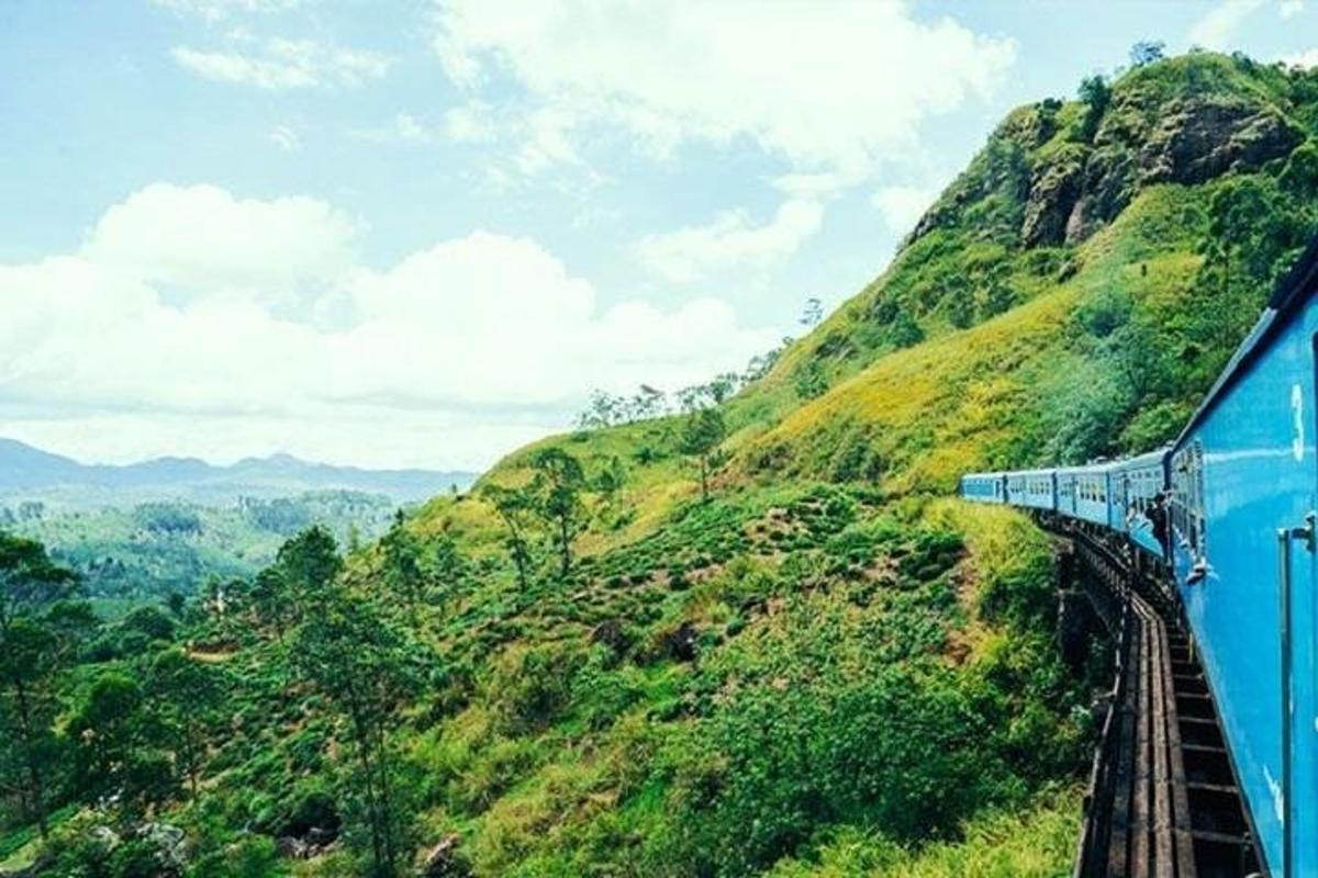 a blue train traveling down a hill with a mountain