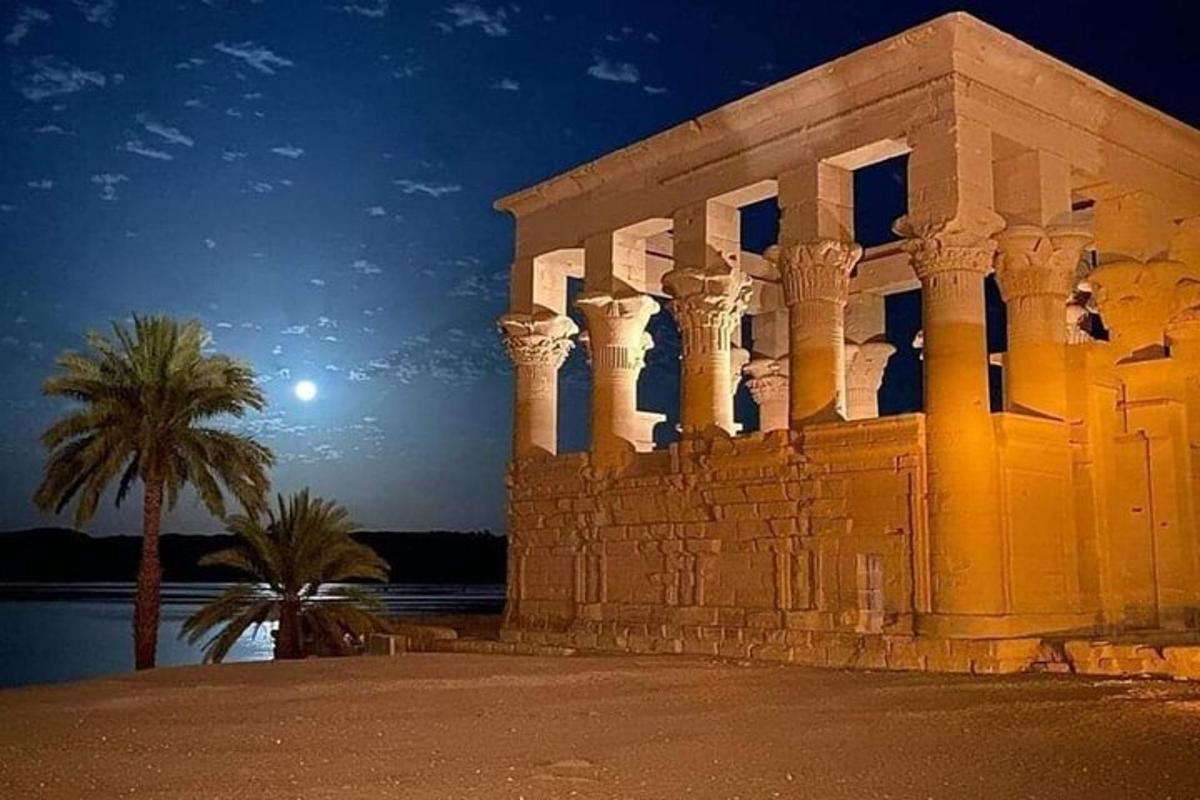 a building with a palm tree and the moon in the sky