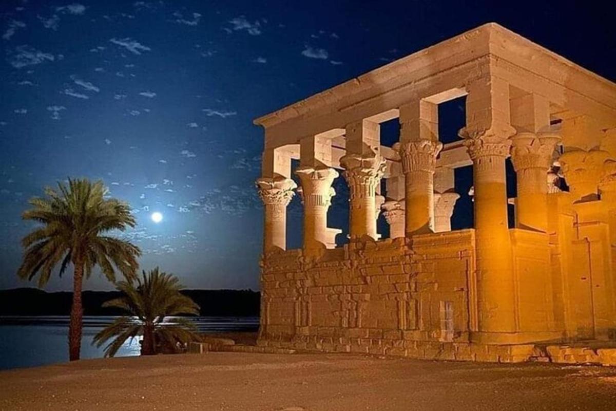 Ένα κτίριο με κολώνες και έναν φοίνικα τη νύχτα
