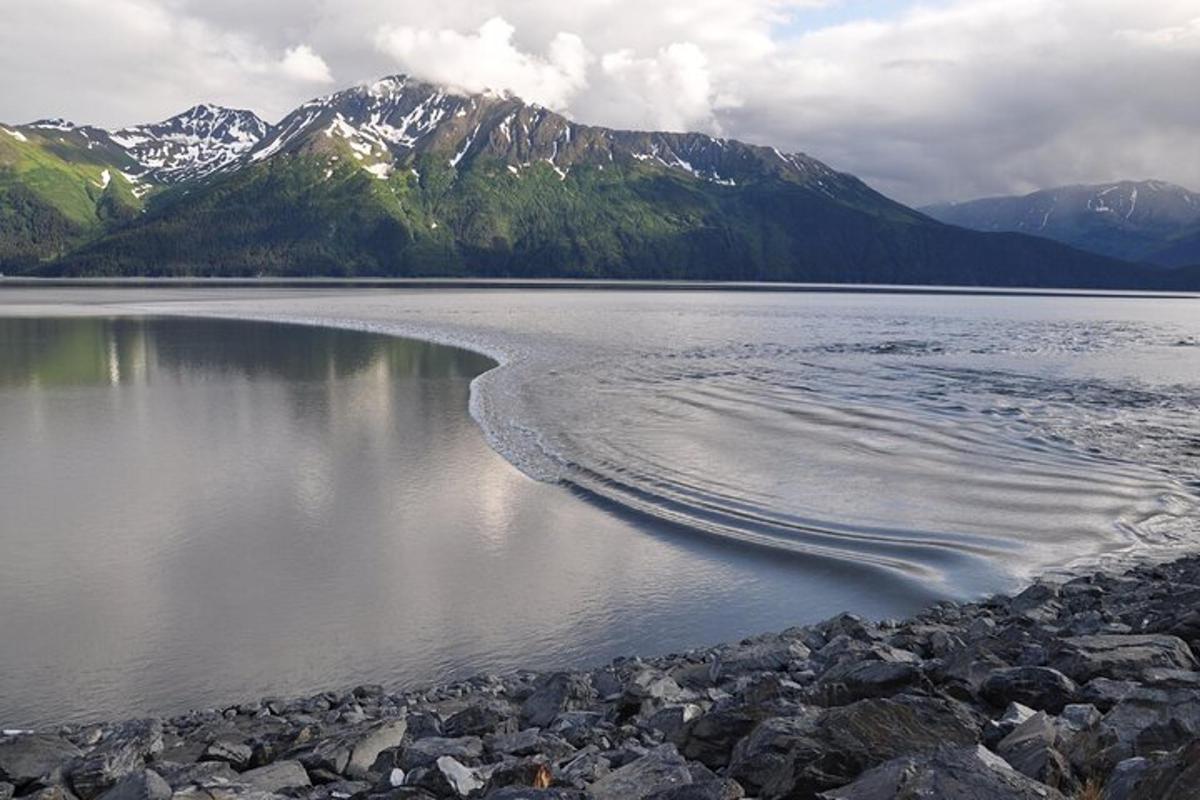 stórt vatn með fjöllum í bakgrunni