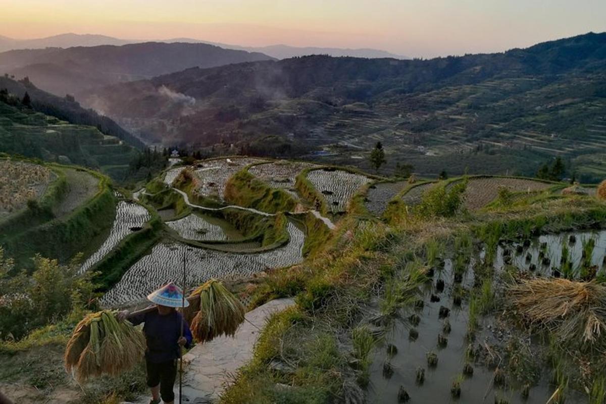 a person walking down a hill with a field