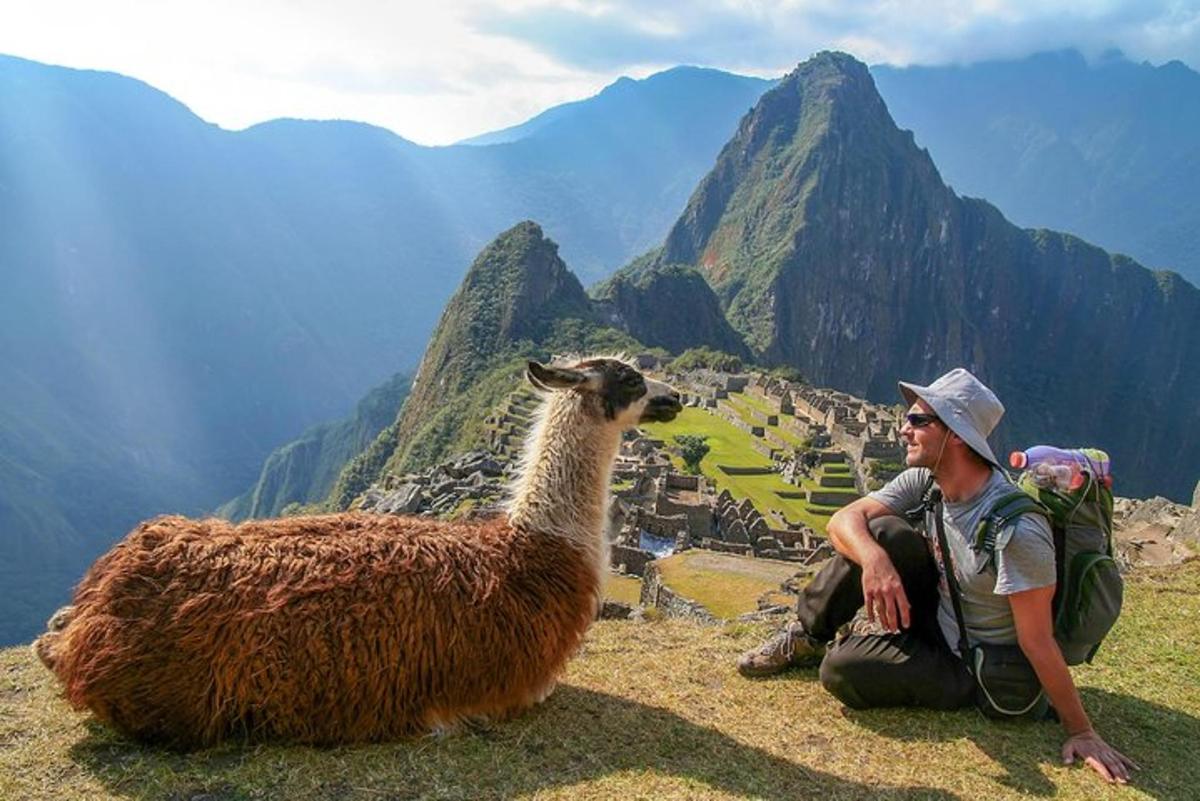 un home assegut en un turó al costat d'una llama
