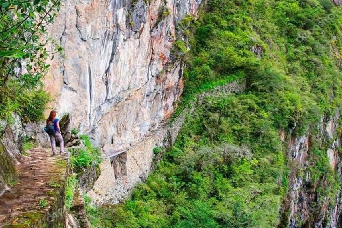 seseorang berdiri di jalan setapak melalui gunung