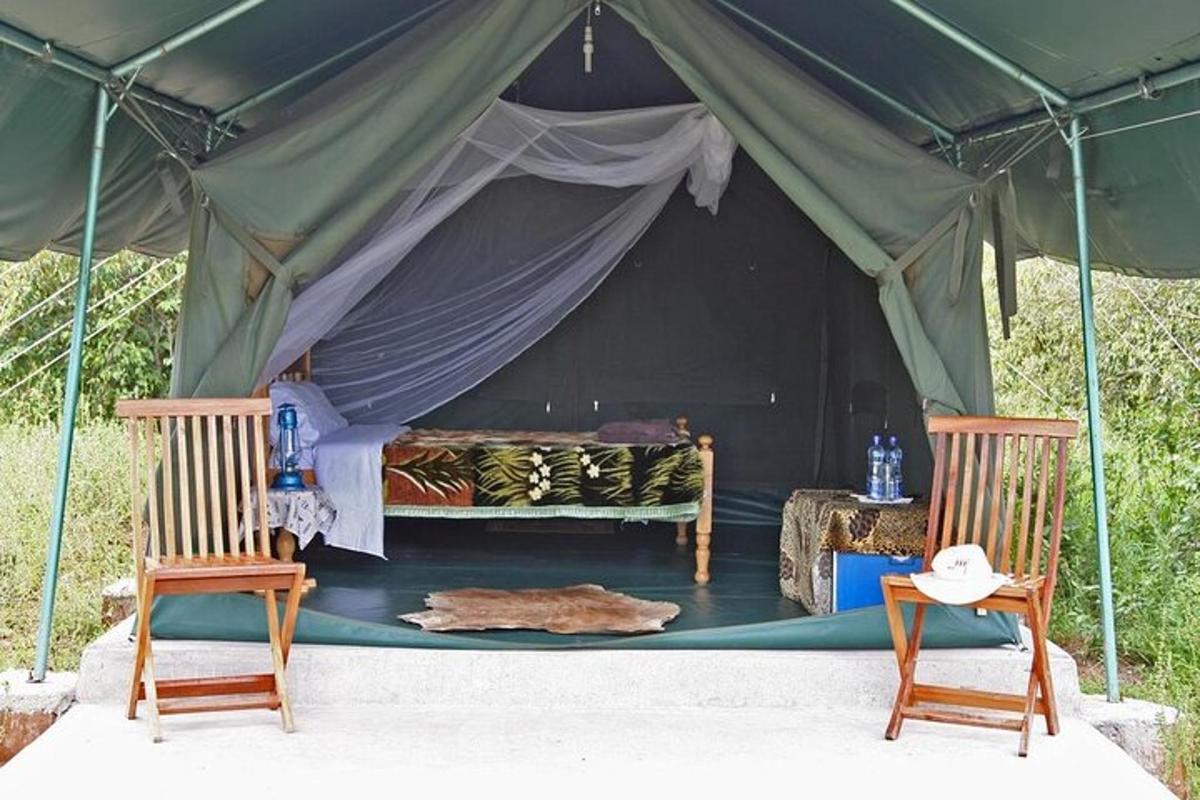 uma tenda com duas cadeiras e uma cama dentro