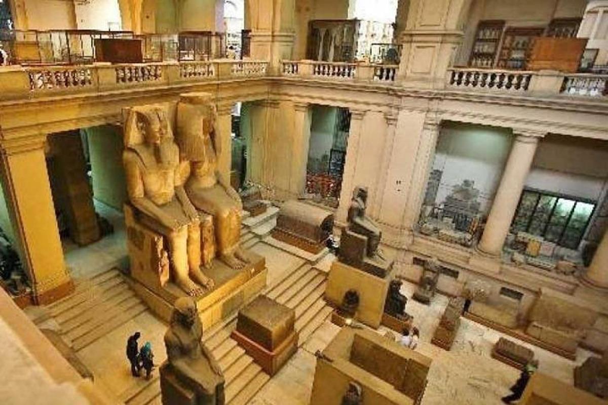 an overhead view of a museum with a statue