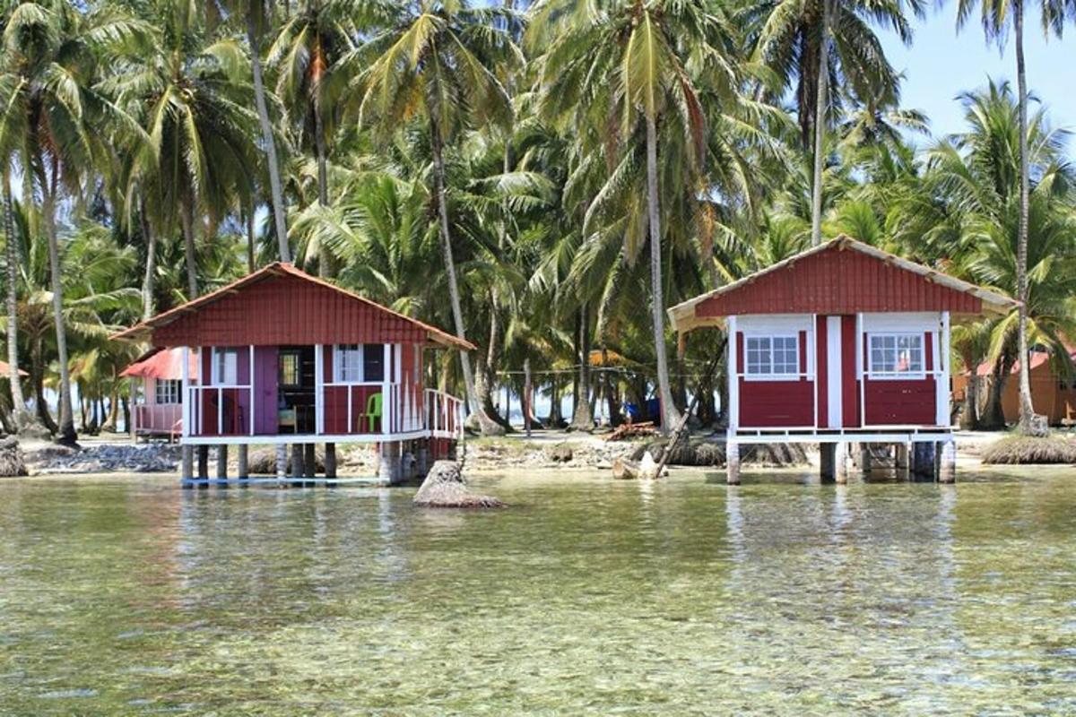 two houses in the water in front of palm trees
