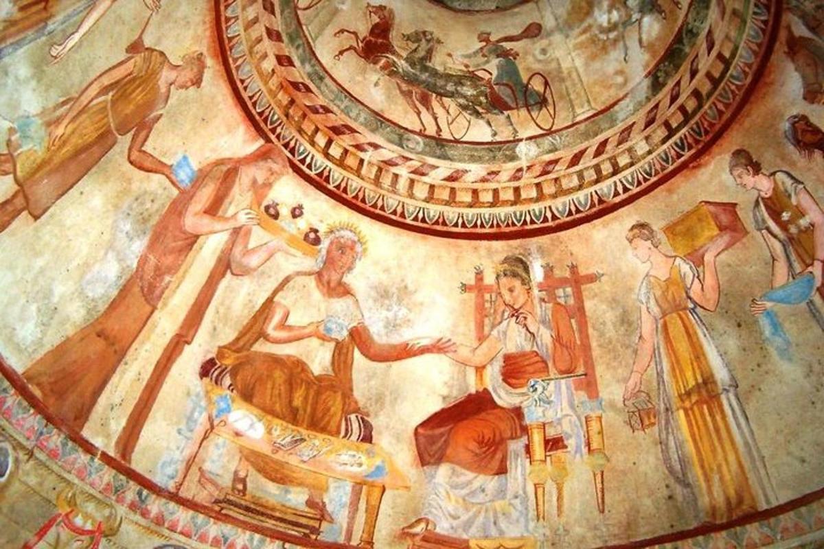 a painting on the wall of a room with a clock