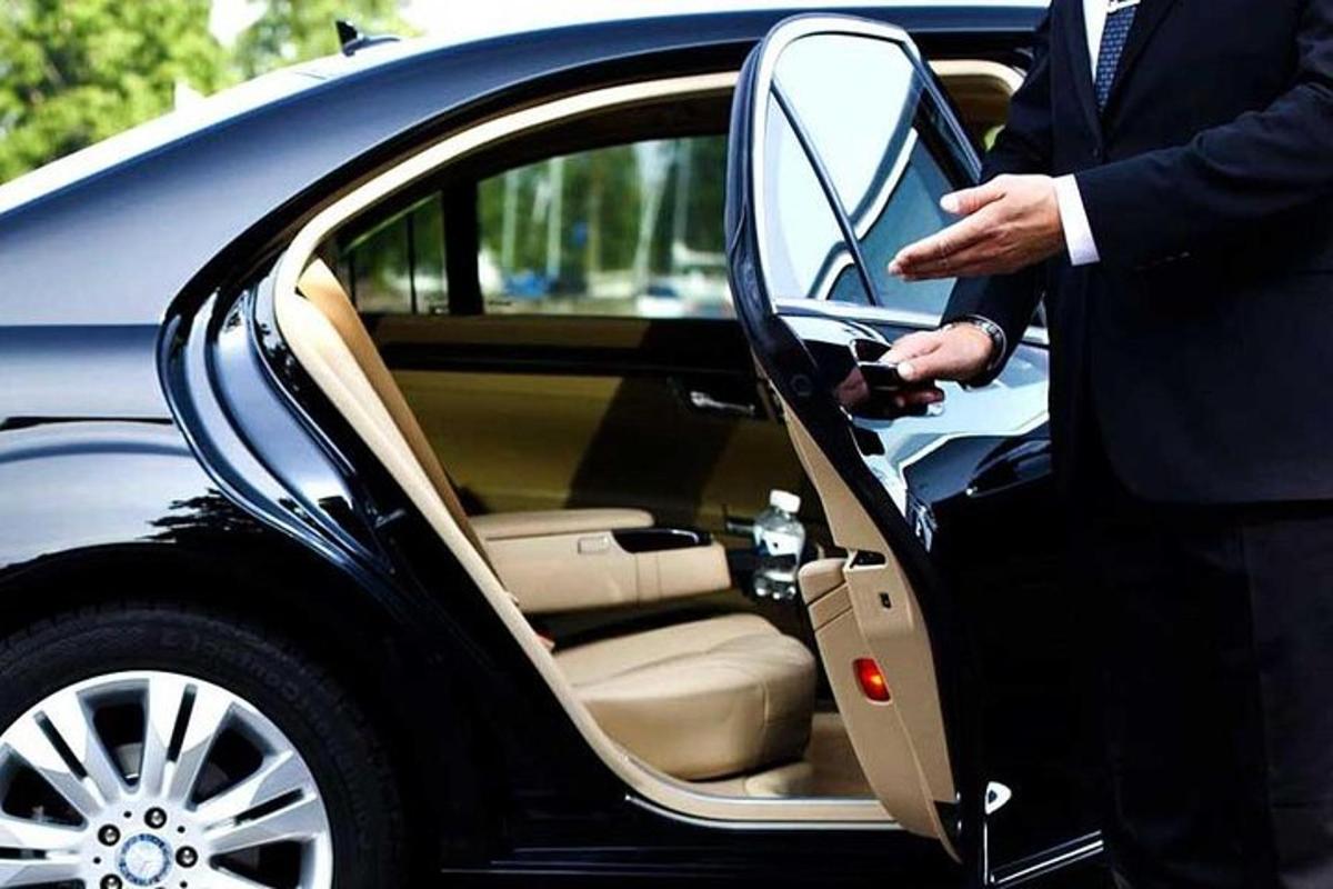 seorang lelaki dalam sut masuk ke dalam kereta