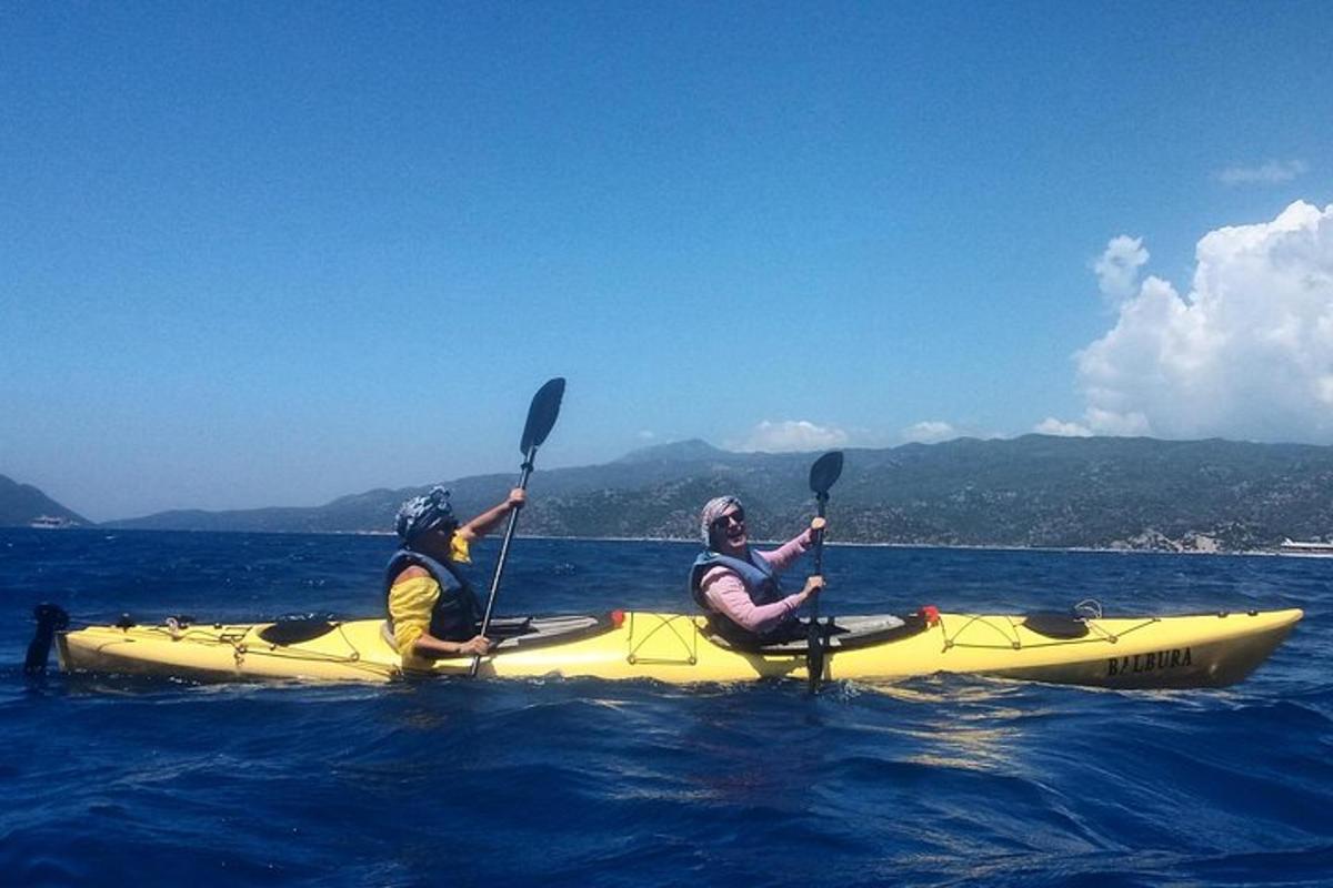 two people in a yellow kayak in the water