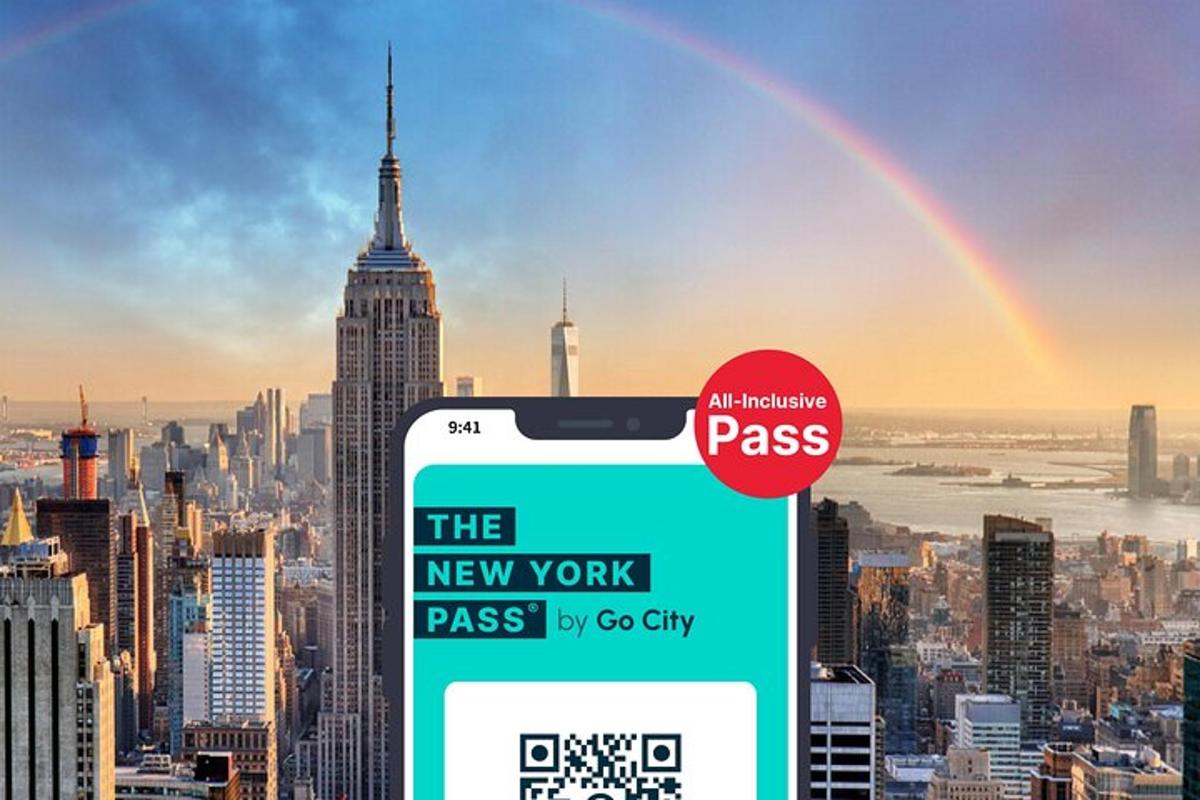 a view of the new york city with a rainbow
