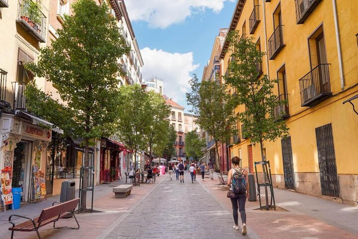 uma mulher caminhando por uma rua em uma cidade