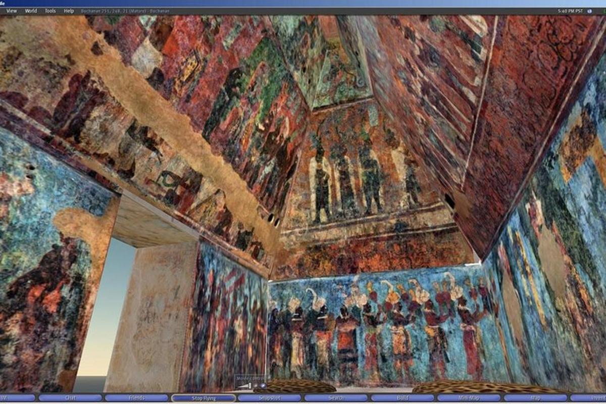 a room with a painting on the ceiling