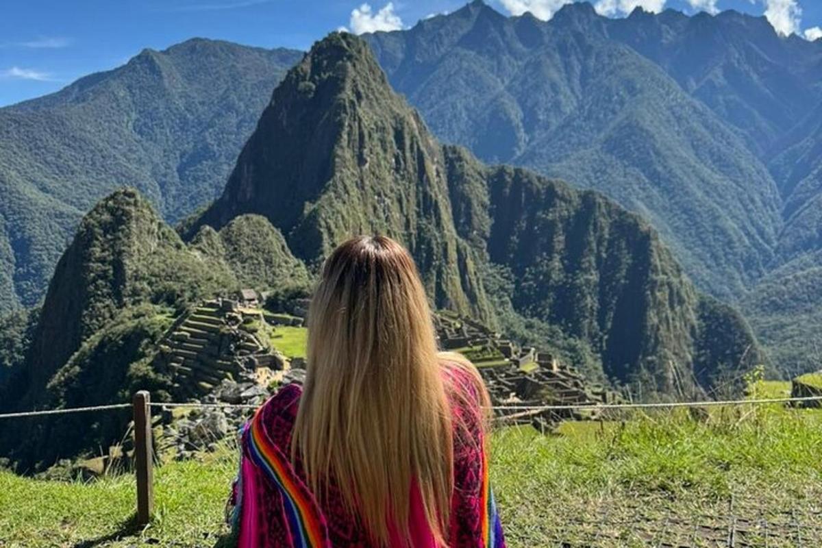 eine Frau, die auf einem Zaun sitzt und auf einen Berg blickt