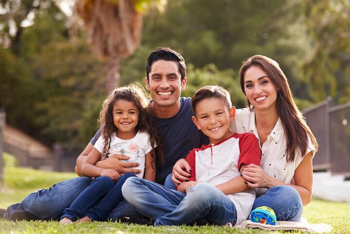 a family sitting on the grass in a park