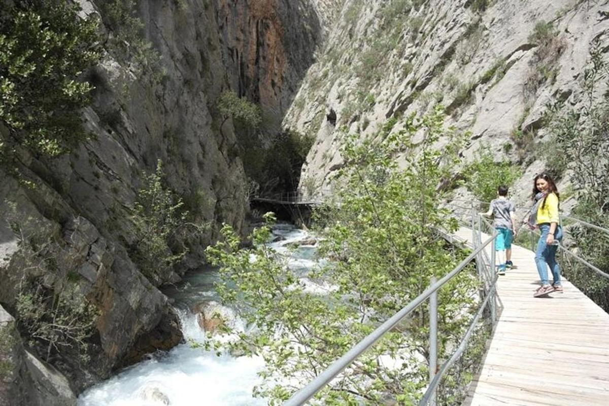 dues persones caminant per un pont sobre un riu