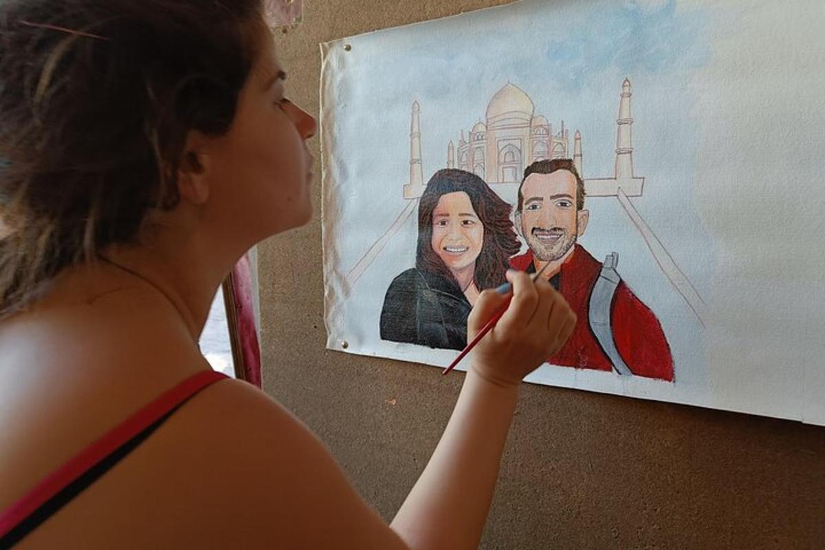 a woman is looking at a picture of a painting