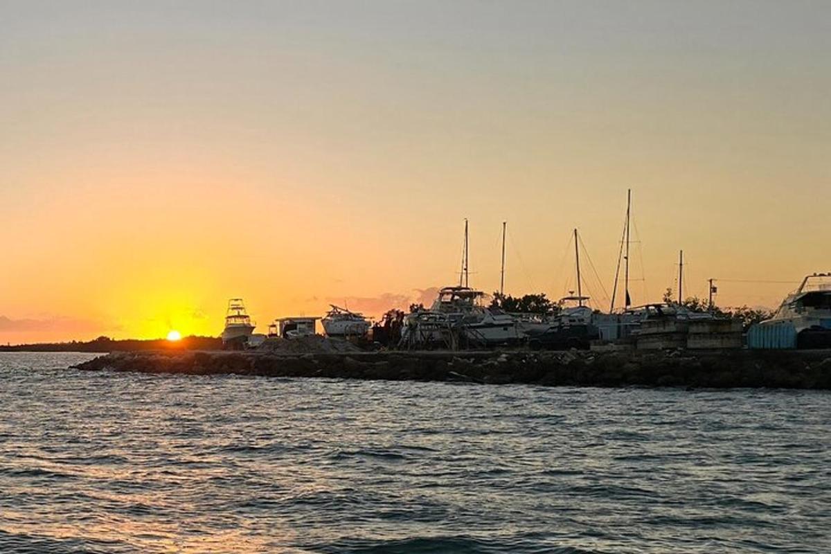 a group of boats parked on a pier at sunset