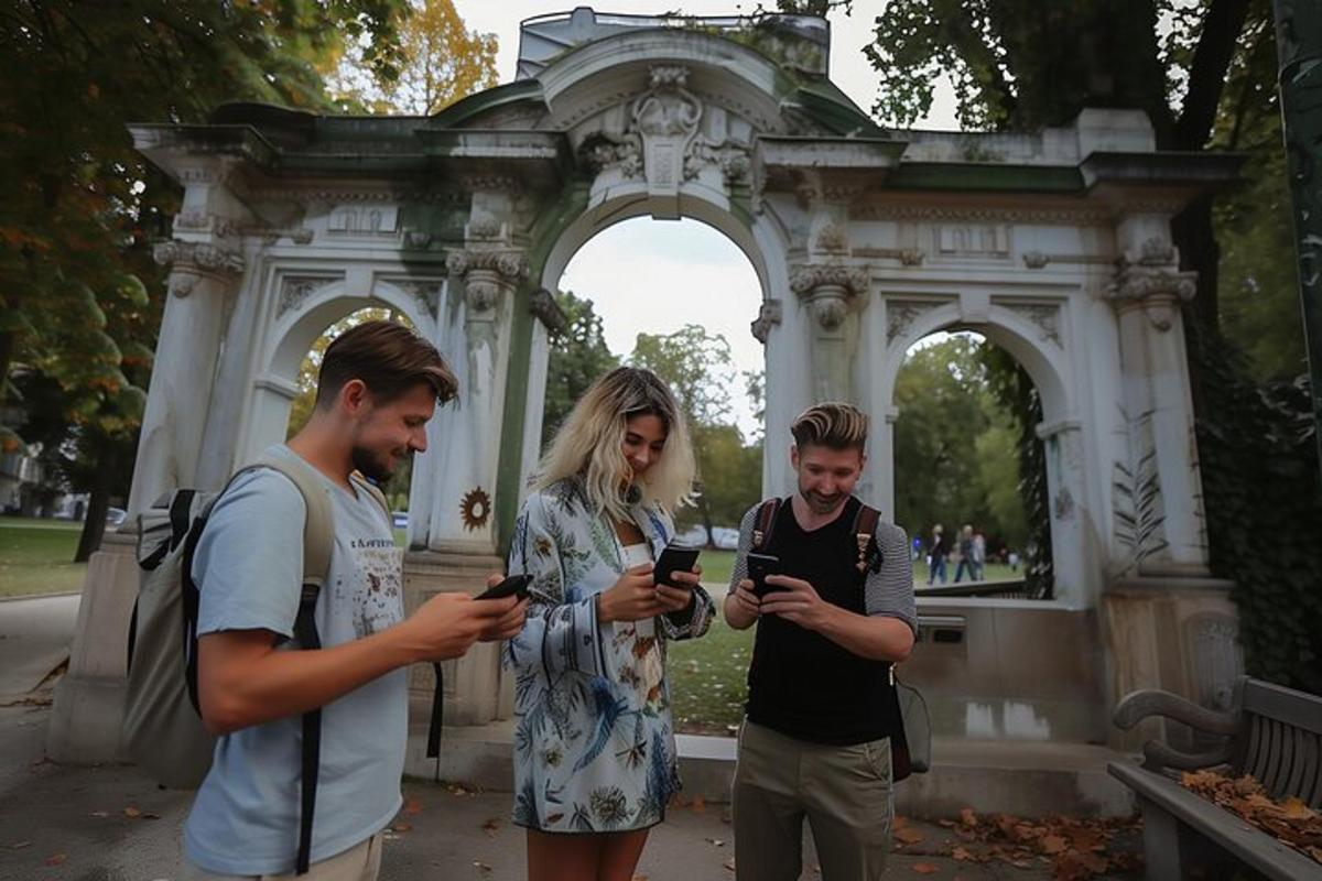 grupp inimesi, kes seisavad hoone ees oma mobiiltelefonidega