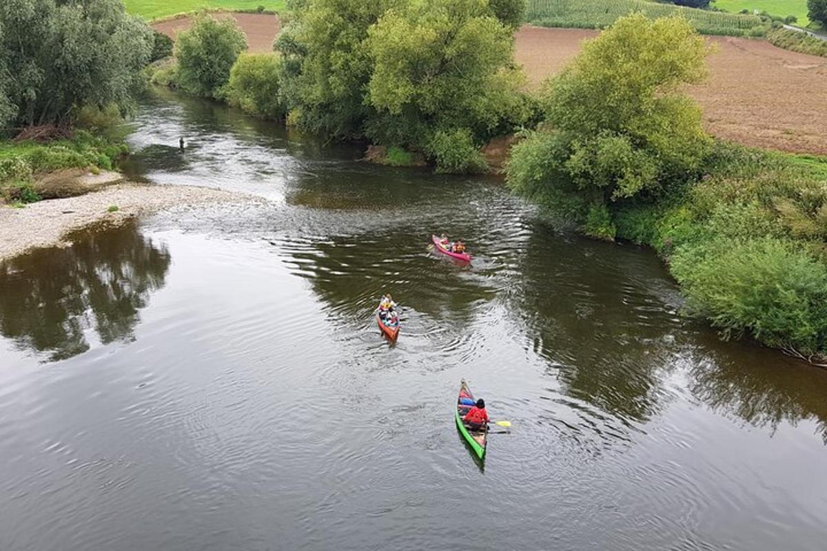 a group of people in kayaks on a river