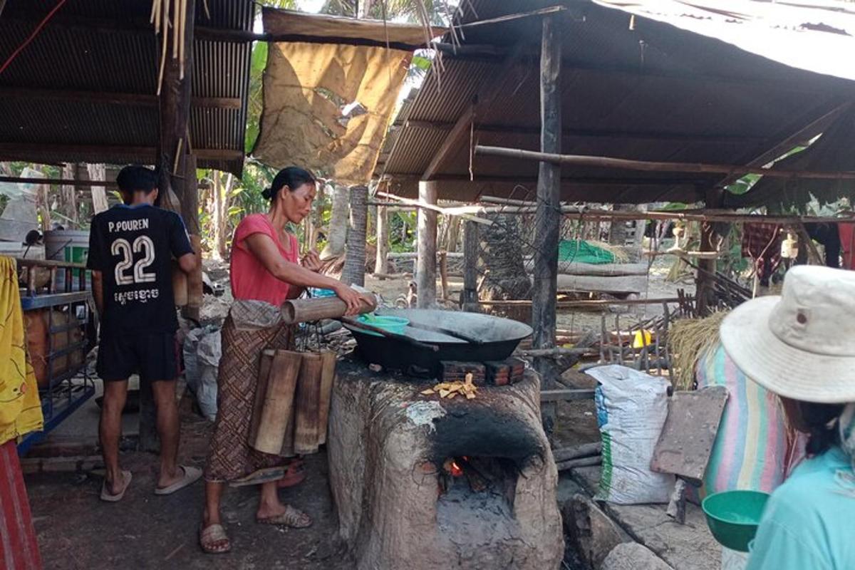 Una mujer cocinando comida en una sartén sobre una estufa.