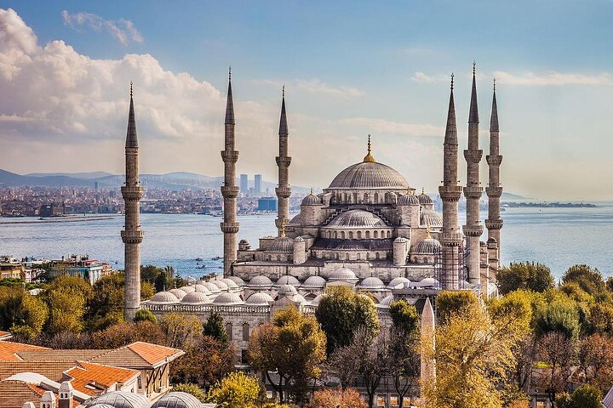 un edificio con cupole e minareti con una città sullo sfondo
