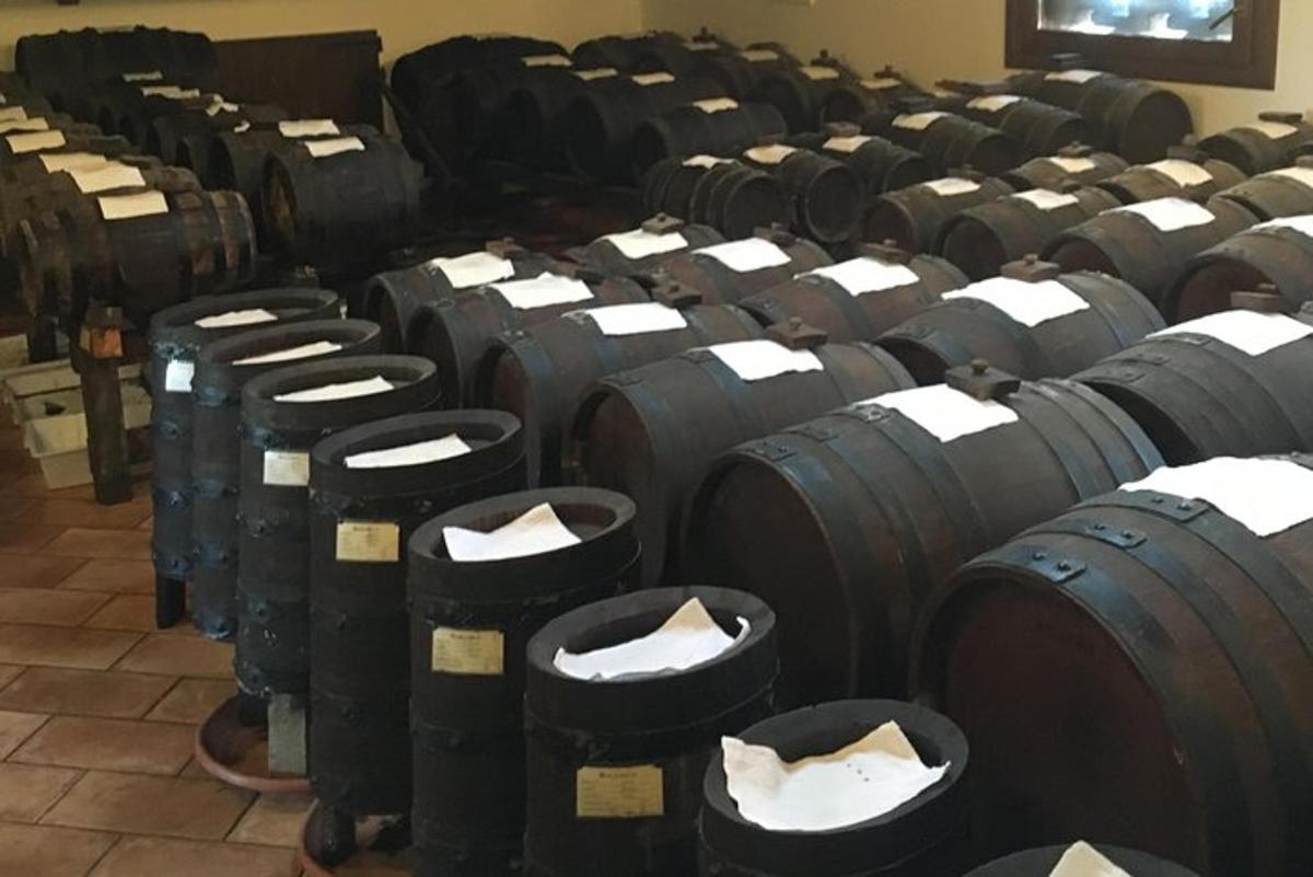 un mucchio di botti di vino allineate in una stanza