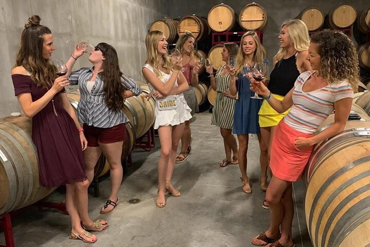 a group of women standing in a wine cellar holding wine glasses