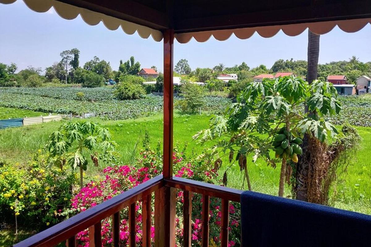 un portico con vista su un campo di fiori