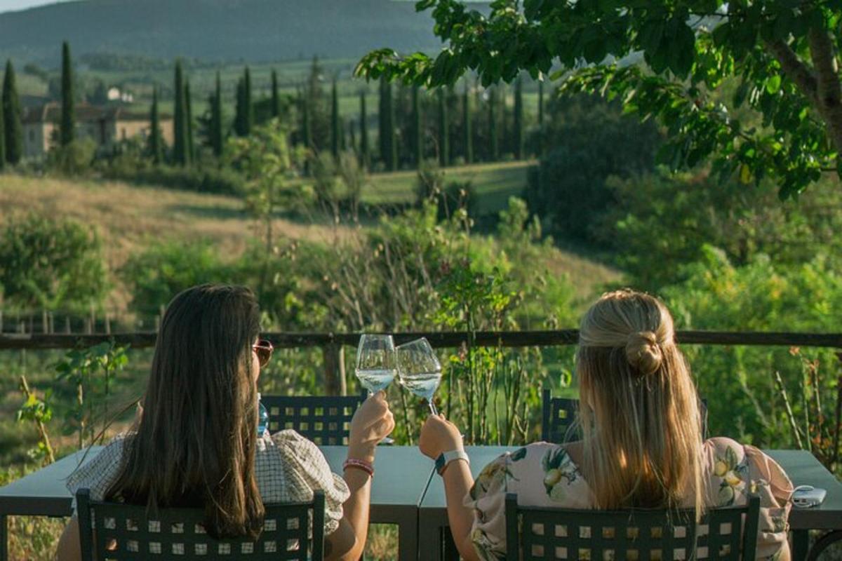 dve ženski, ki sedita za mizo in držita kozarce za vino