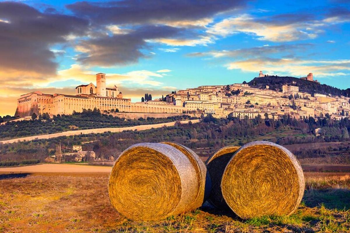un gruppo di balle di fieno su un campo con un castello