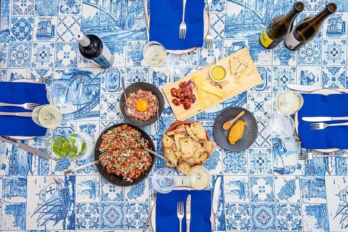 a blue and white table with food on it