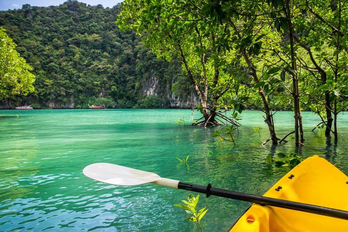 a yellow kayak in the water with a paddle