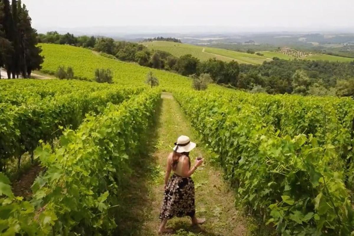žena v klobúku prechádzajúca sa vinicou