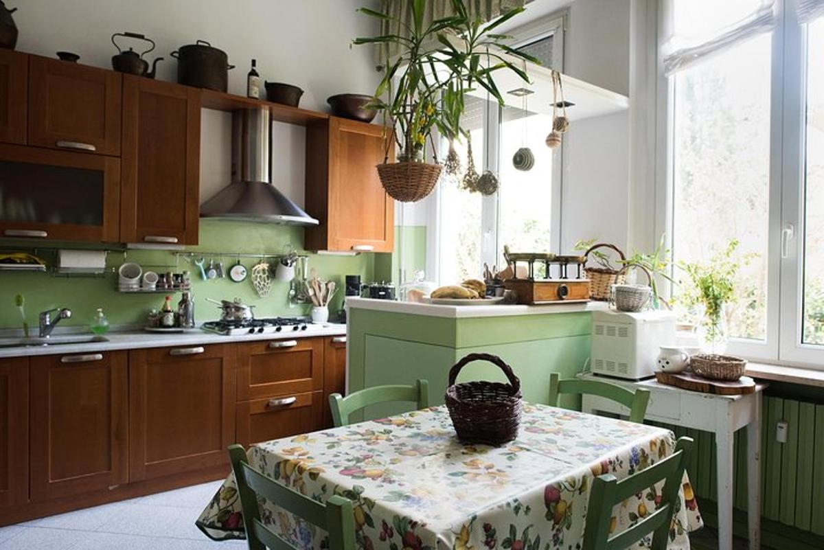 a kitchen with a table with a basket on it