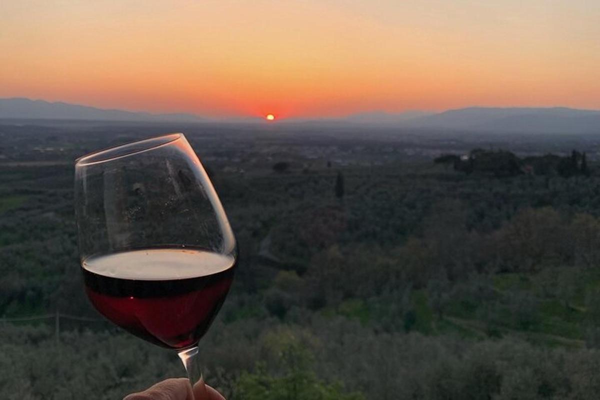 a person holding a glass of wine at sunset