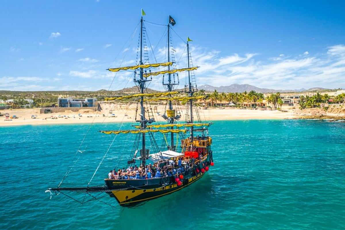 a group of people on a pirate ship in the water