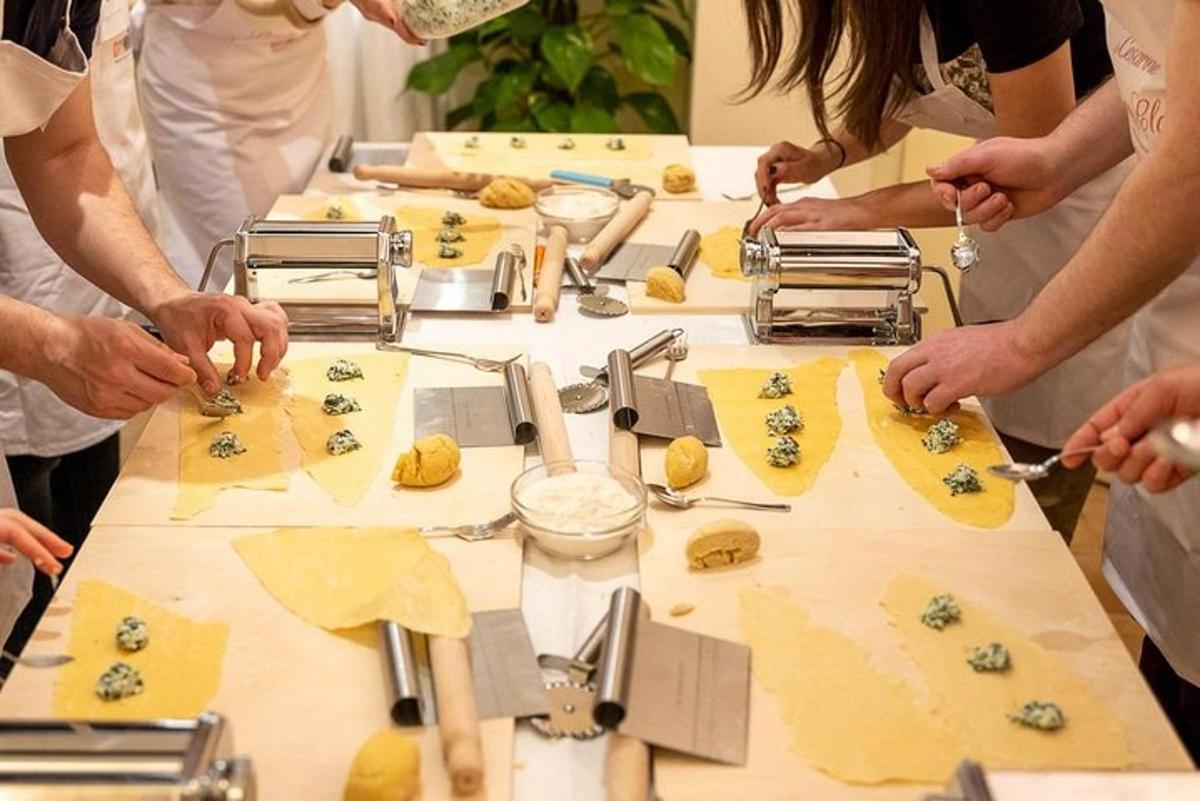 a group of people making food on a table