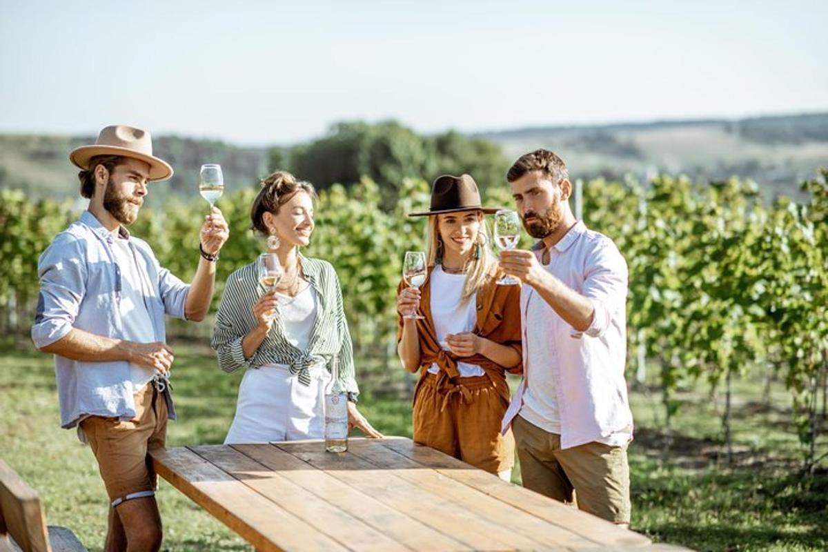 grupa ljudi koji stoje oko stola s čašama vina