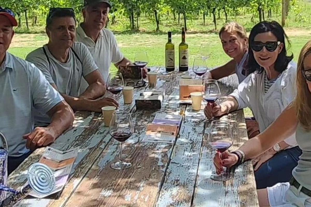 un gruppo di persone sedute attorno a un tavolo con bicchieri di vino