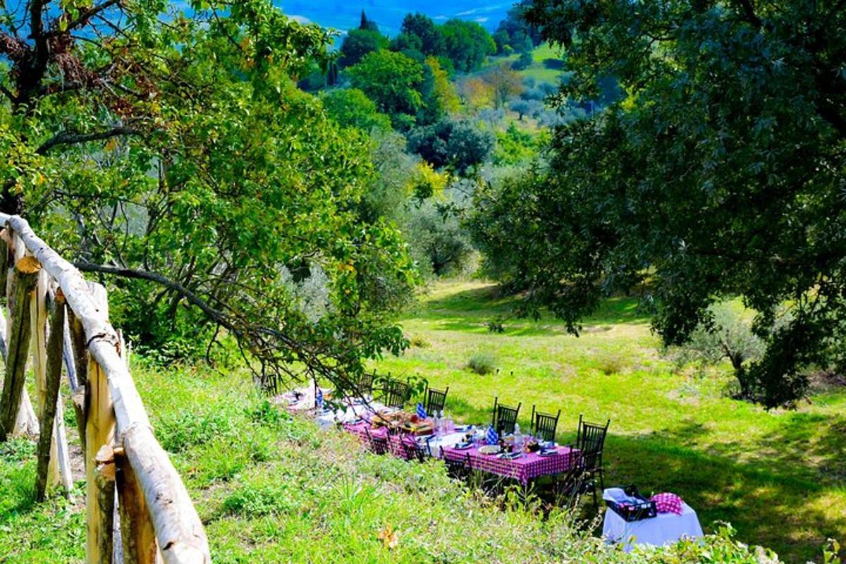 un tavolo con tavoli e sedie viola in un campo