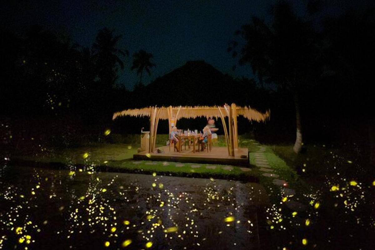 a gazebo with a couple sitting under it at night