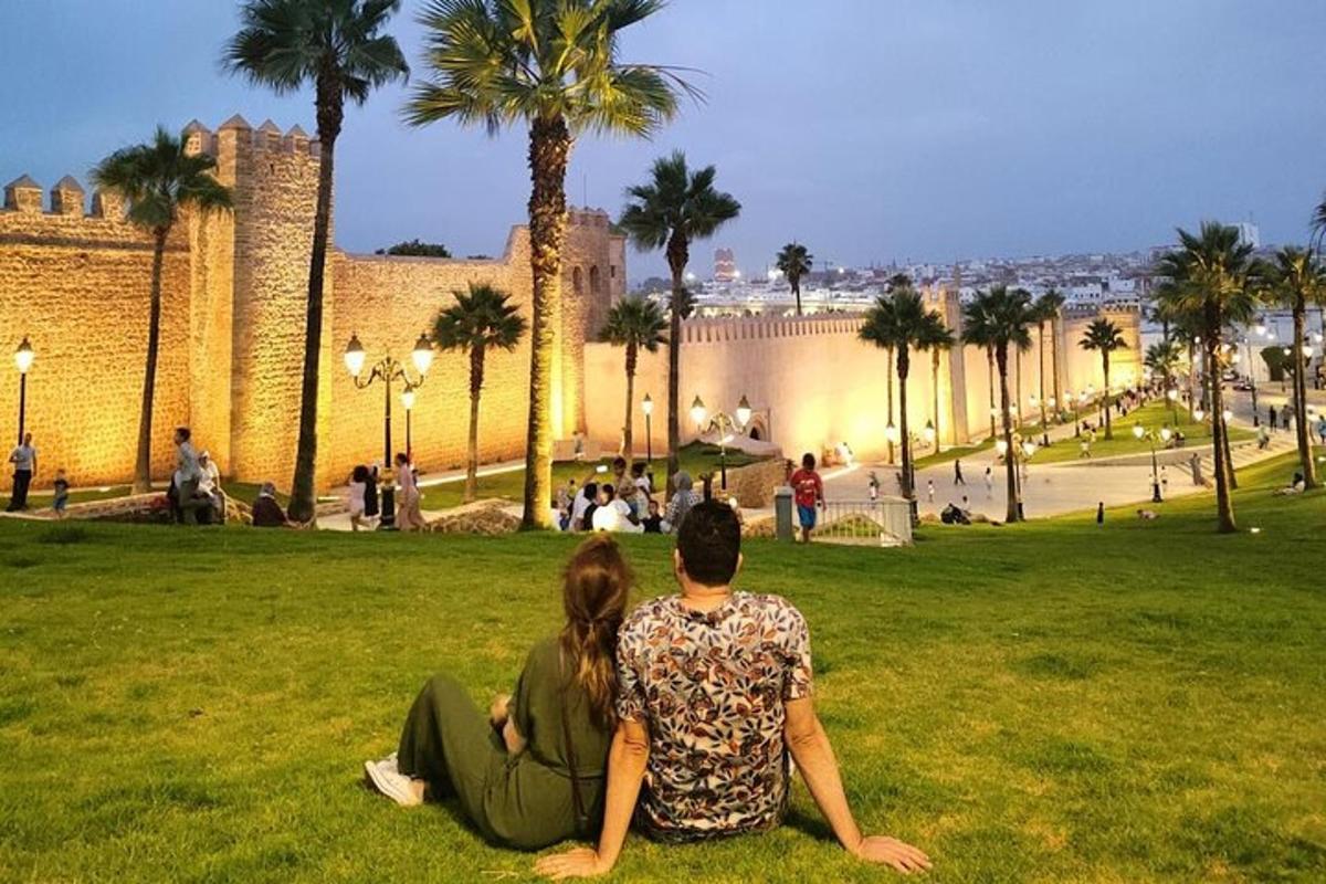 two people sitting in a park looking at a castle